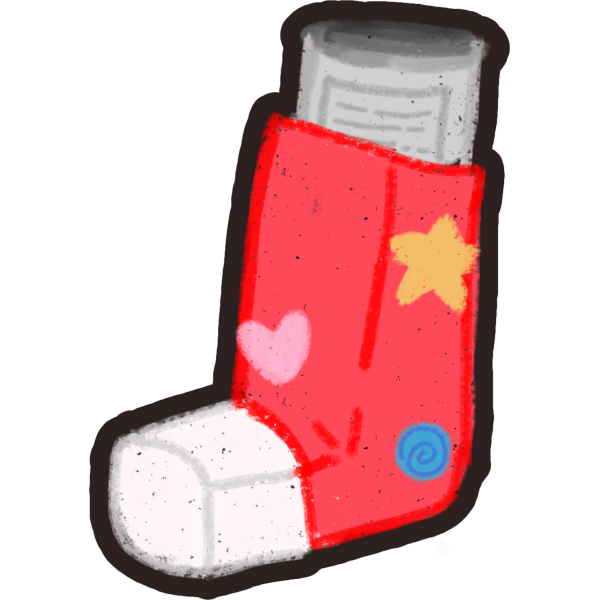  an illustration of a red inhaler with a white base and a grayish white top, it's covered in stickers; a yellow star, a pink heart and a blue spiral. 